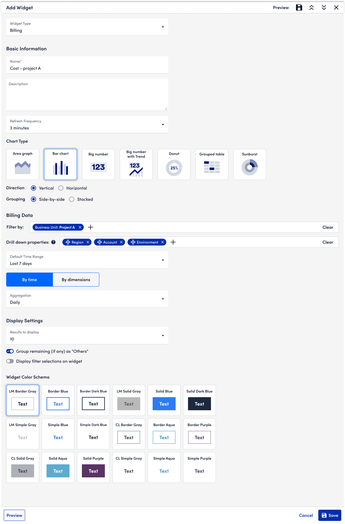 Widget creation with chart type, direction and grouping