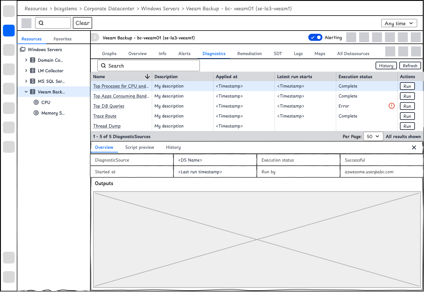 Lo-fi mockup: list of diagnostic sources
